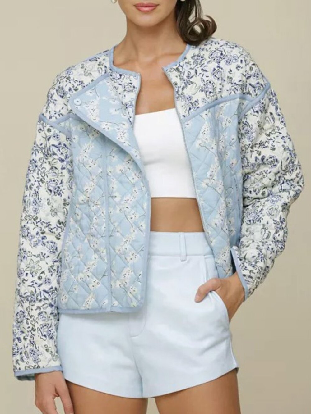 New Avec Les Filles Floral Patchwork Quilted Jacket Baby Blue XS
